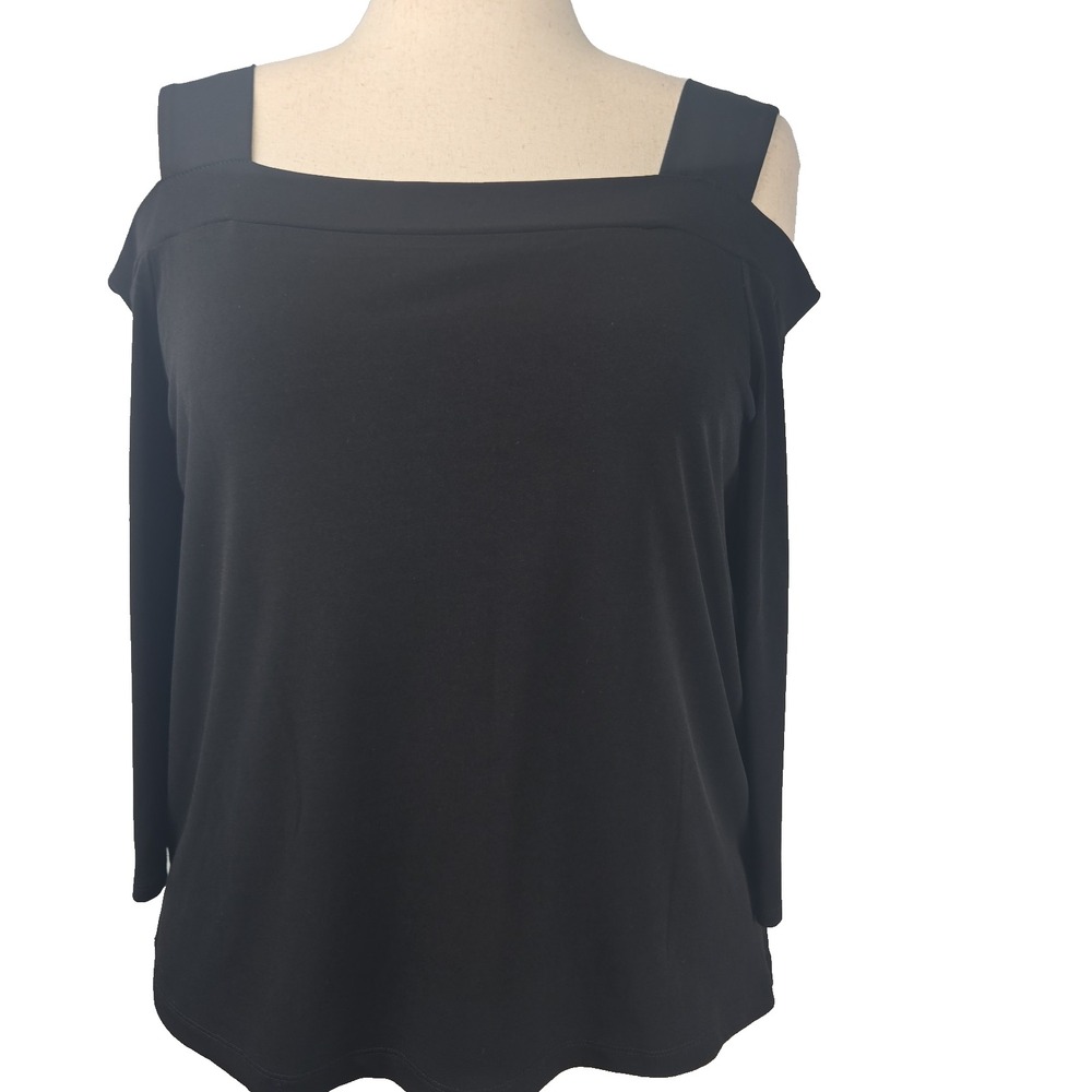Chico's Size 2 Black Stretch Knit Cold Shoulder 3/4 Sleeve Square Neckline Top